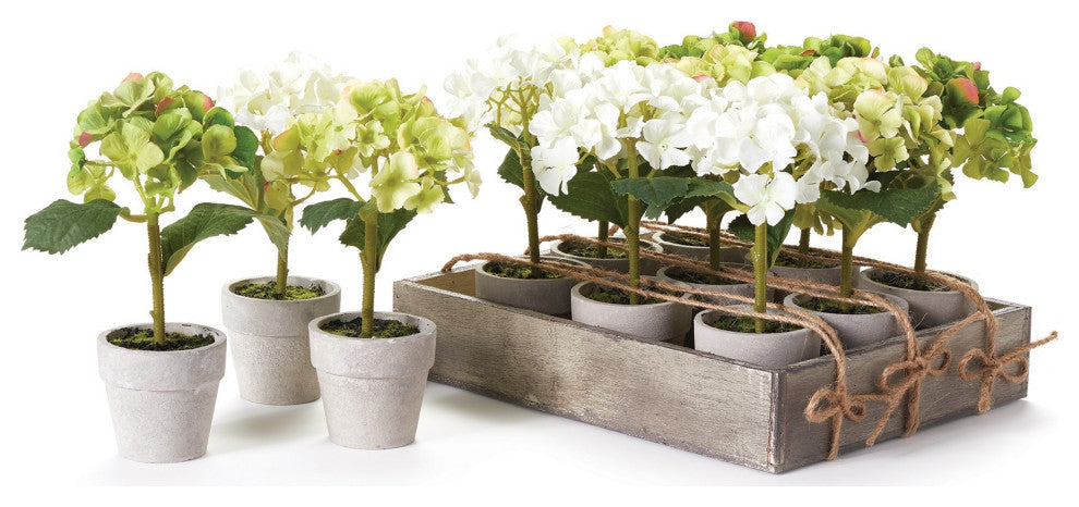 Set 12 Mini Hydrangea Faux Floral Plants in Pots Rustic Gift White Flowers