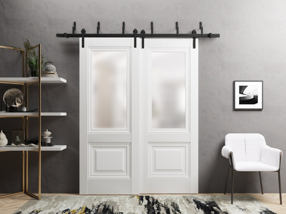 Barn Bypass Doors 48 x 96, Lucia 8822 White Silk & Frosted Glass, 6.6FT