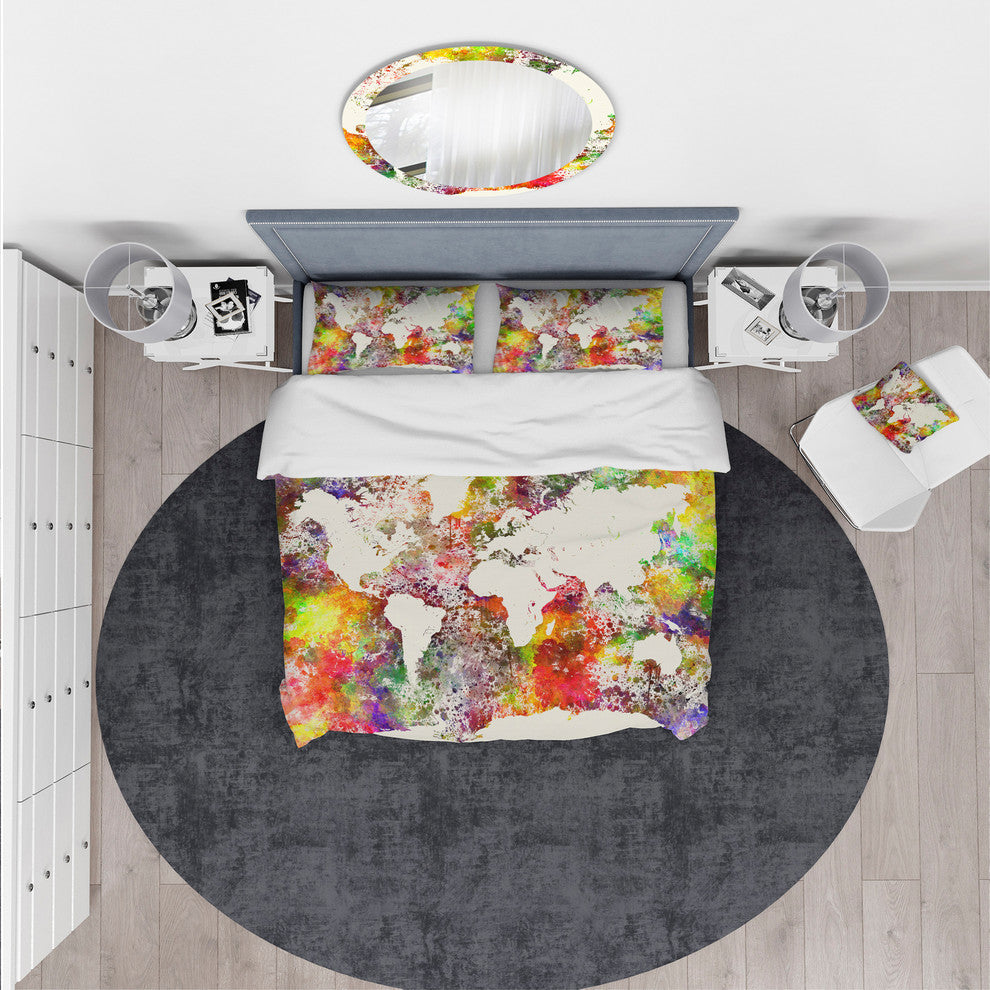 World Map in Great Colors Watercolor Map Duvet Cover, Twin