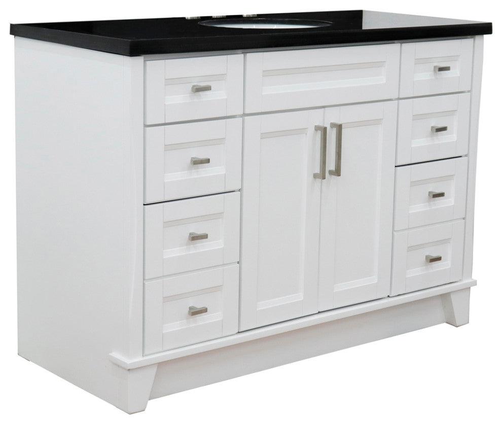 49" Single Sink Vanity, White Finish With Black Galaxy Granite And Oval Sink