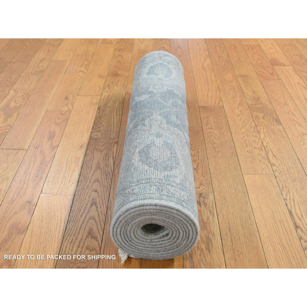 Ash Gray, Oushak Influence Silk With Wool Hand Knotted Runner Rug, 2'6"x10'2"