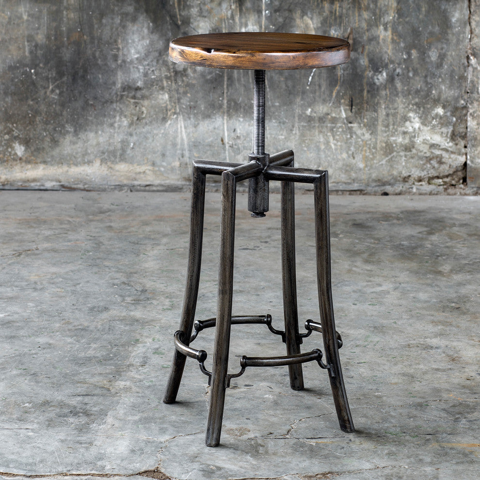Round Industrial Antique Style Bar Stool, Adjustable Screw Seat Wood Steel Iron
