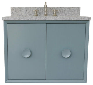 31" Single Wall Mount Vanity, Aqua Blue Finish With Gray Granite Top