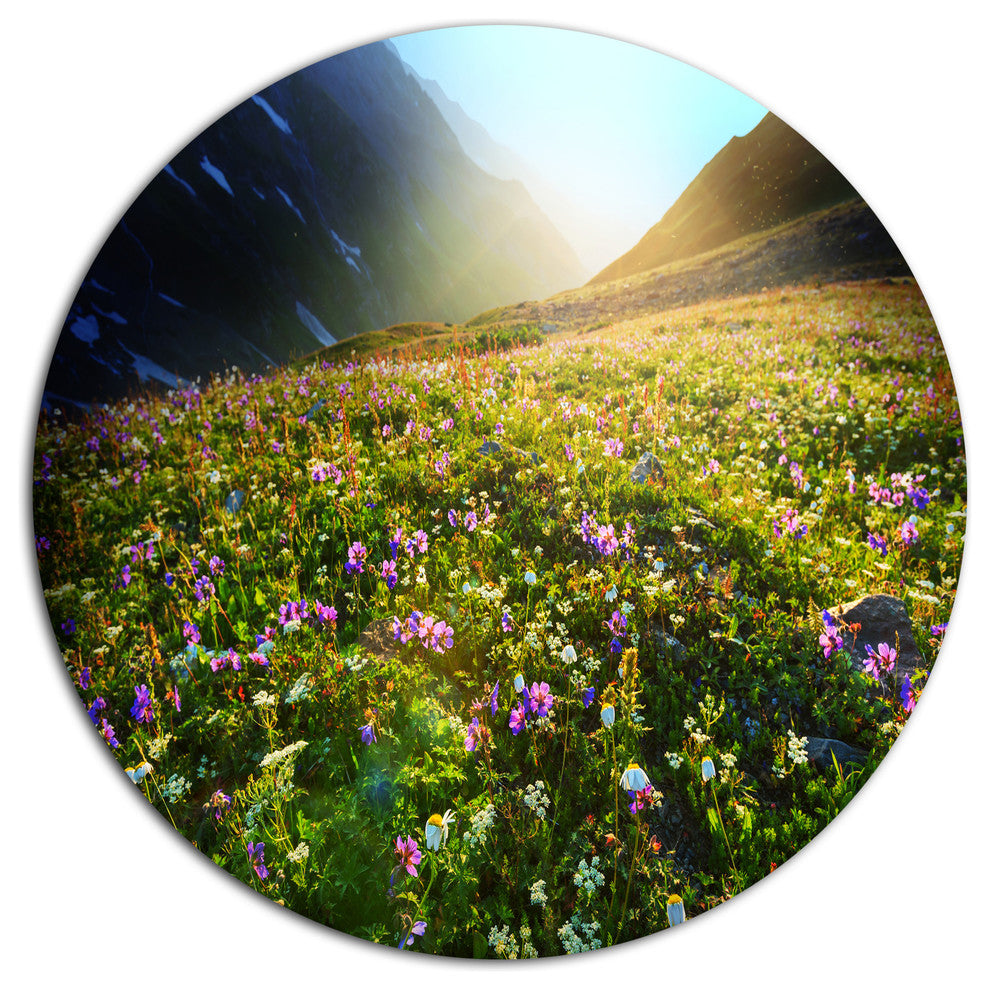 Meadow With Colorful Flowers, Landscape Disc Metal Artwork, 36"