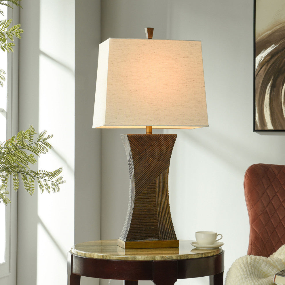 Asher - Linear Embossed Resin Table Lamp - Espresso Brown, Antique Brass