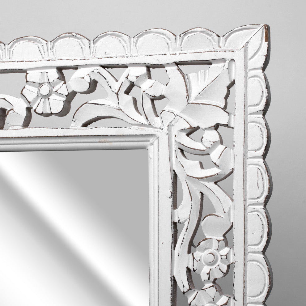 American Art Decor Hand-Carved Floral Wood Panel and Decor Mirror, White