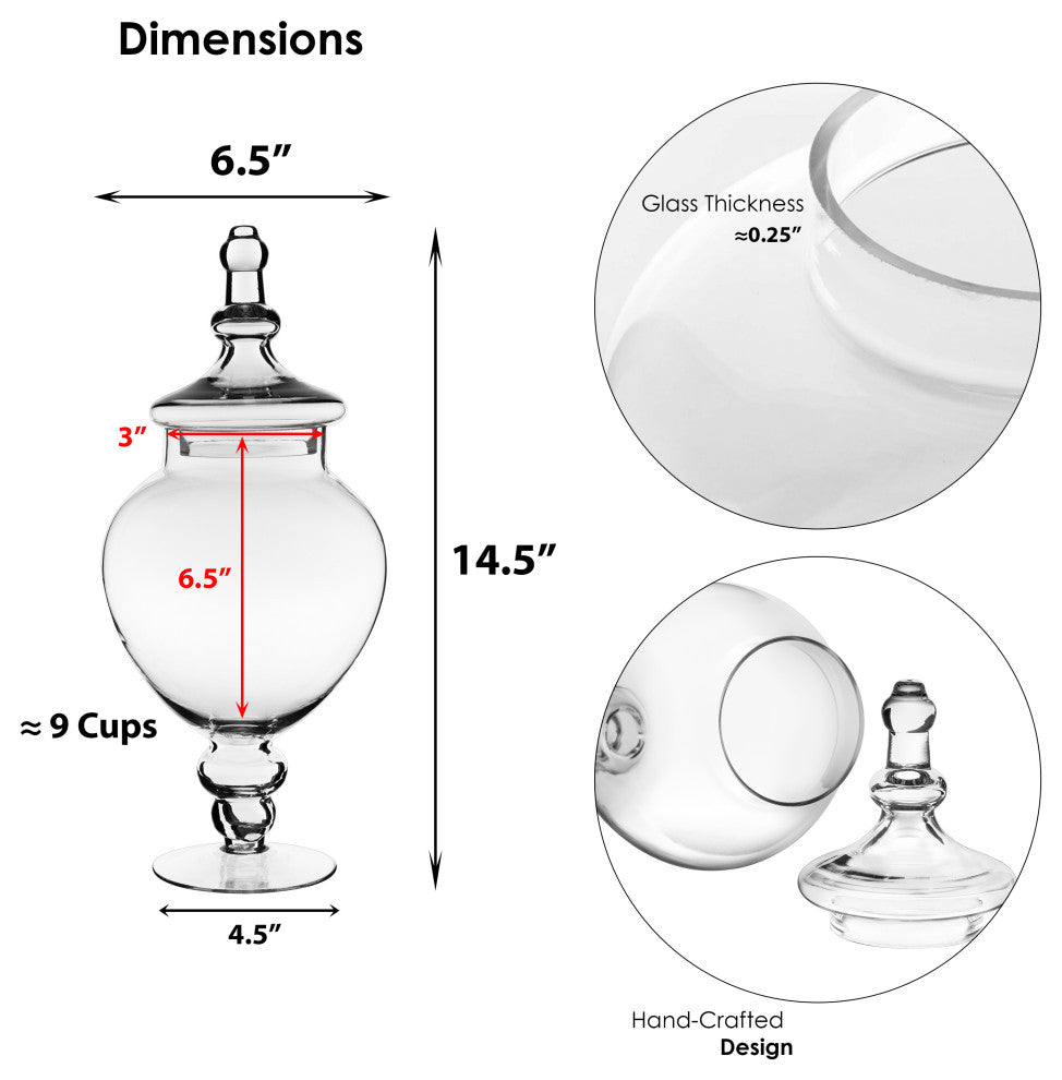 Glass Apothecary Jar Candy Buffet Container H-14.75"  D-6.5" Set of 1, Open D-3.5" Body D-6.5" H-14.75", Set of 2