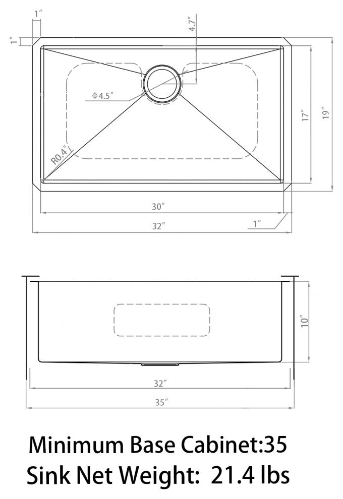 Sinber Single Bowl Kitchen Sink with 304 Stainless Steel Satin Finish, 32"x19" 16 Gauge, Undermount