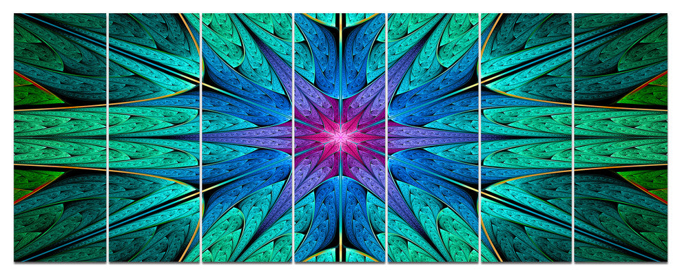 Turquoise Star Fractal Stained Glass, Abstract Canvas Print, 83"x32", 7 Panels