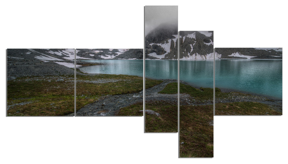 Turquoise Mountain Lake with Clouds, Landscape Canvas Print, 60"x32", 5 panels