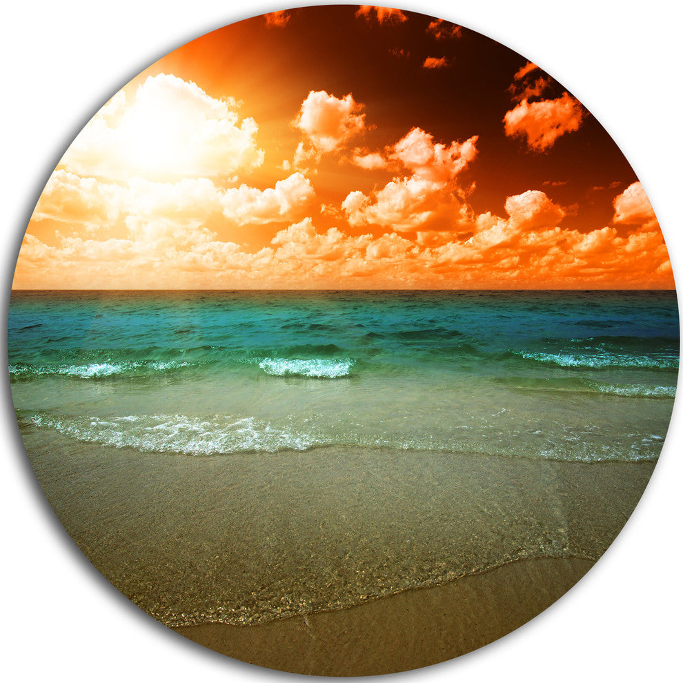 Dramatic Sky Over Tropical Sea Beach, Seashore Disc Metal Artwork, 23"