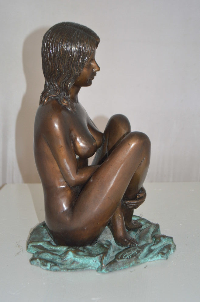 Sitting Nude Girl Bronze Statue -  Size: 12"L x 10"W x 14"H.
