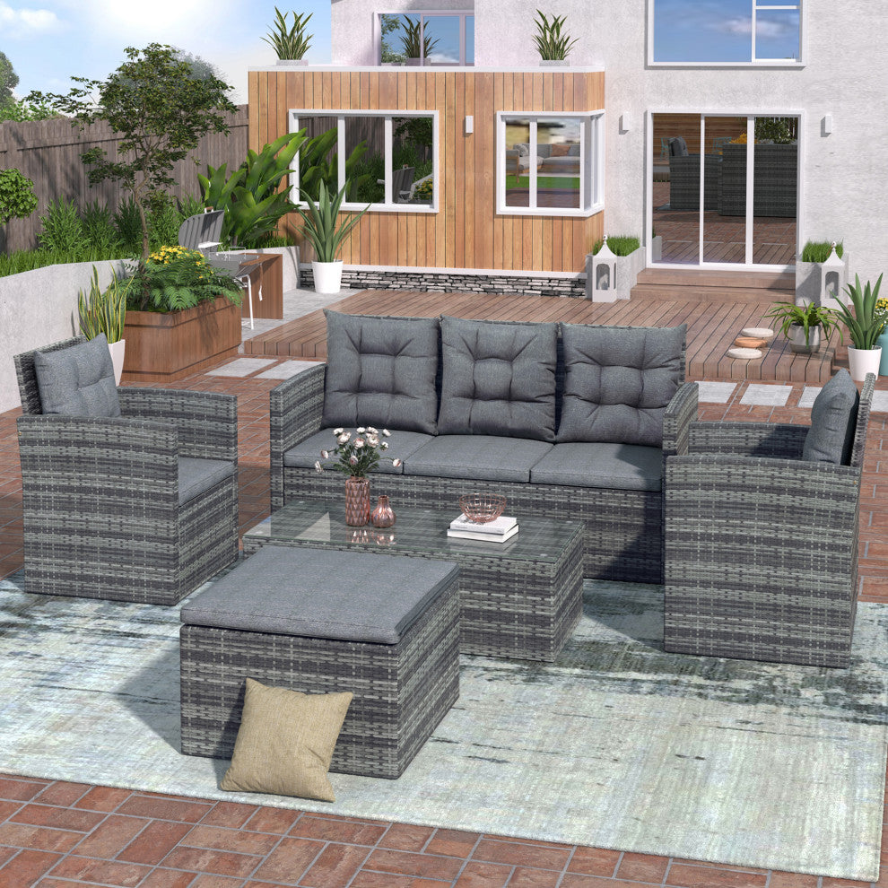 5 Pieces Outdoor Rattan Patio Sectional Sofa Set With Storage Bench