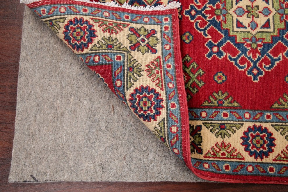 Pakistani Hand-Knotted Oriental Traditional Kazak Wool Area Rug, Red, 3'11"X2'8"