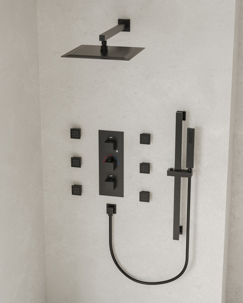 Thermostatic Shower Faucet 12" Rain Shower Head with Handheld Slide Bar System, Matte Black