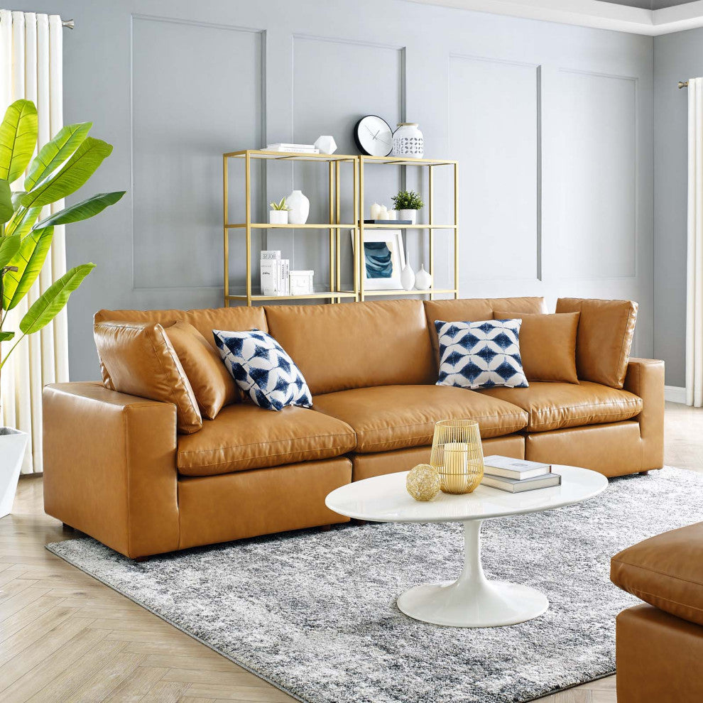 Sofa, Faux Vegan Leather, Tan, Modern, Living Lounge Hotel Lobby Hospitality