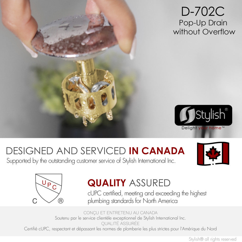 STYLISH Polished Chrome Pop-Up Bathroom Sink Drain without Overflow