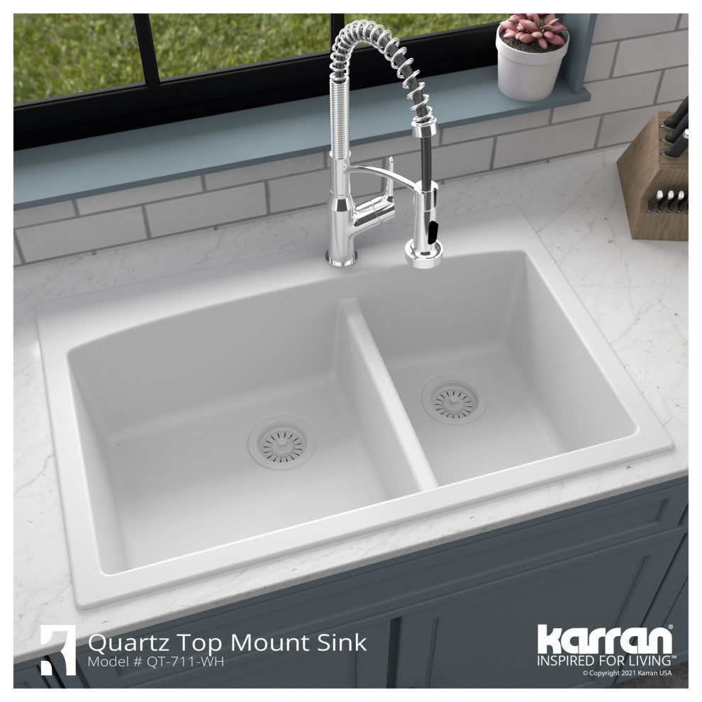 Karran Drop-In Quartz 33" 1-Hole 60/40 Double Bowl Sink Kit, White