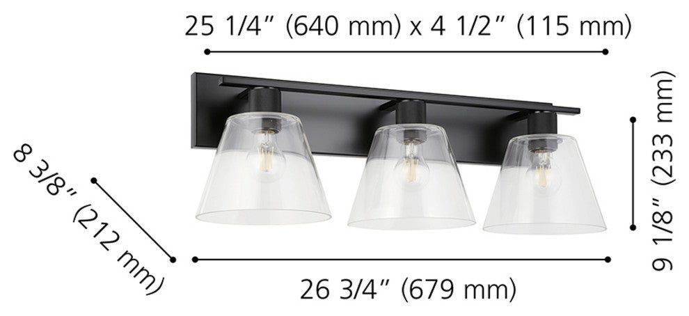 Copley 3-Light Bath/Vanity Light, Matte Black Finish, Clear Glass Shade