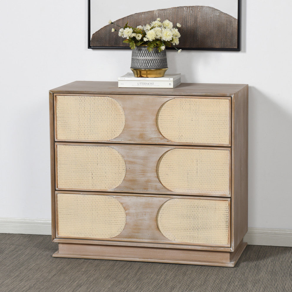 Melrose Chest-Three Woven Cane Drawers-Light Bisque Finish-White Wash Top Coat