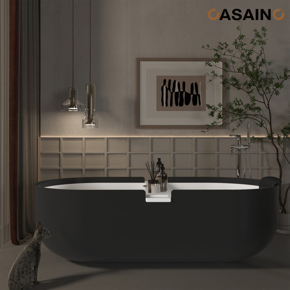 67in White Solid Surface Freestanding Soaking Bathtub with Drain, 67in