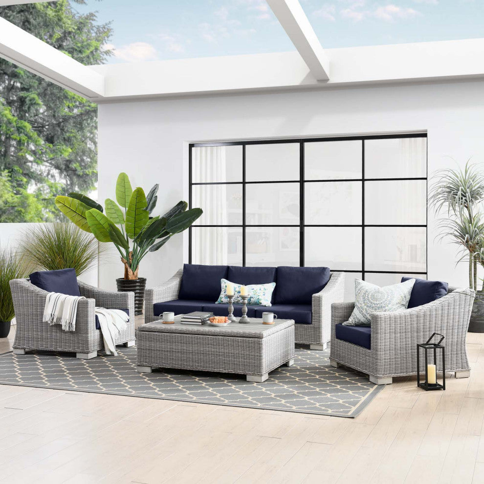 Lounge Sectional Sofa Chair Set, Rattan, Wicker, Gray Blue Navy, Outdoor