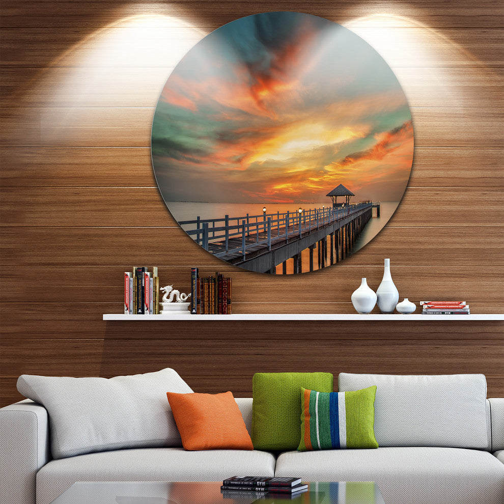 Colorful Sky And Long Wooden Pier, Sea Pier Disc Metal Artwork, 23"