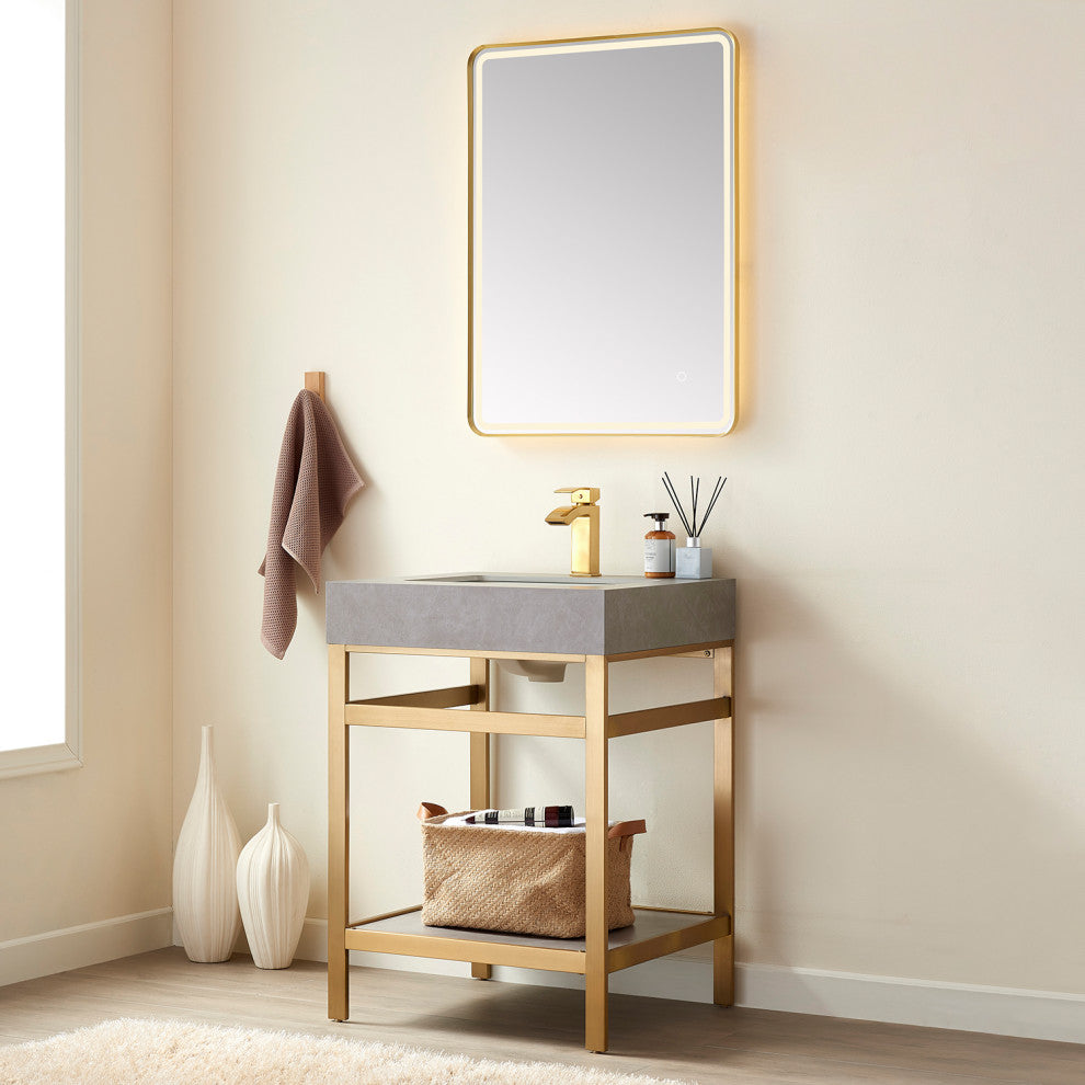 Funes Bath Vanity with Mirror, Brushed Gold Support, 24'', Grey Stone Top