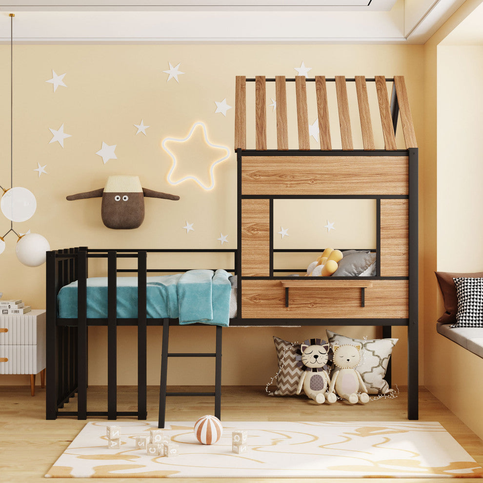 Gewnee Metal Twin size Loft Bed with Roof, Window, Guardrail, Ladder in Black