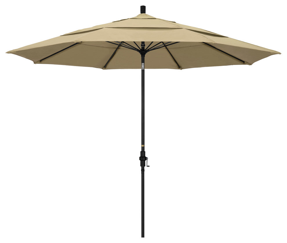 11' Matted Black Collar Tilt Lift Fiberglass Rib Aluminum Umbrella, Sunbrella, Antique Beige