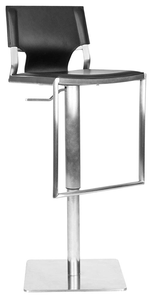 Modern Bar Stool, Stainless Steel Base With Footrest & Black Bonded Leather Seat