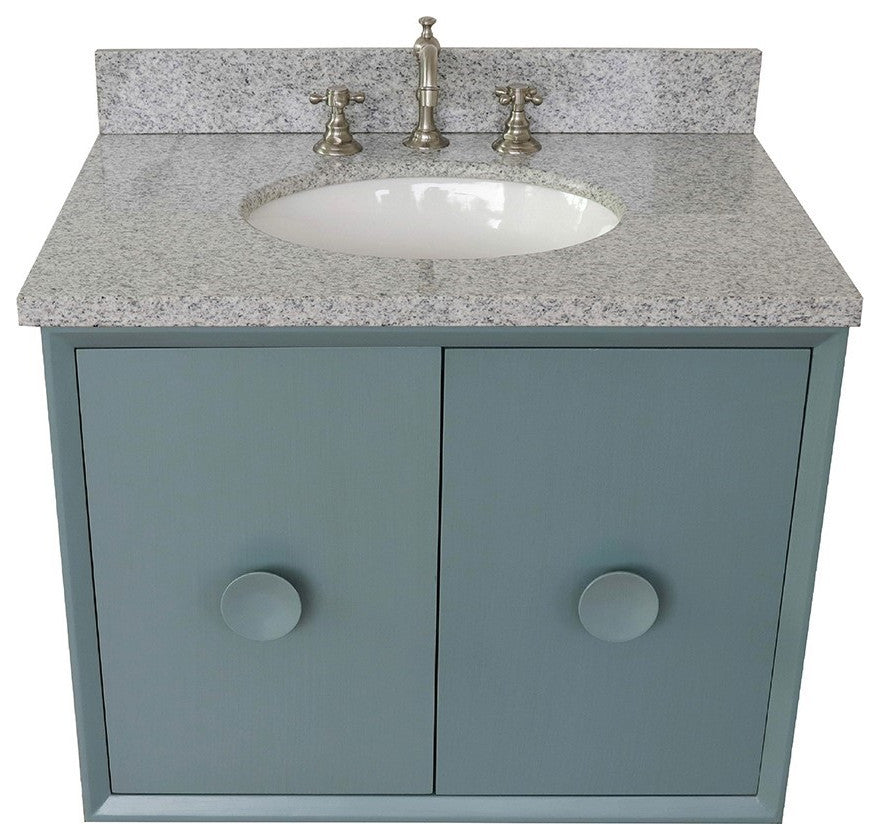 31" Single Wall Mount Vanity, Aqua Blue Finish With Gray Granite Top