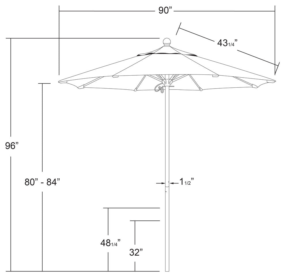 7.5' Silver Anodized Push Lift Aluminum Umbrella, Red Olefin