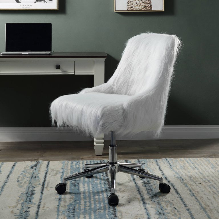 Modern Office Chair, Golden Metal Base & Comfortable Soft Faux Fur Seat, White