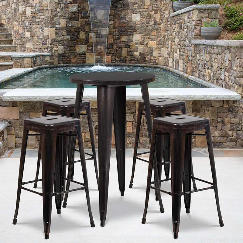 24" Round Black-Antique Gold Metal Bar 5-Piece Table Set With 4 Backless Stools