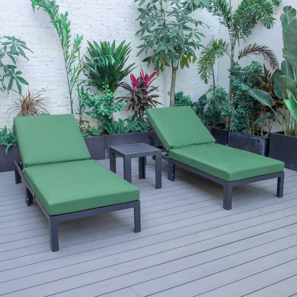 LeisureMod 3-Piece Chelsea Chaise Lounge Chair Set With Side Table, Green