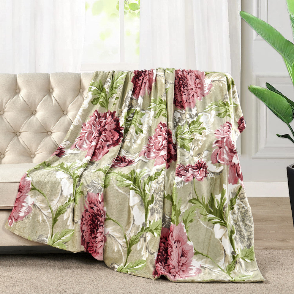Floral Printed Flannel Throw, Geranium Red