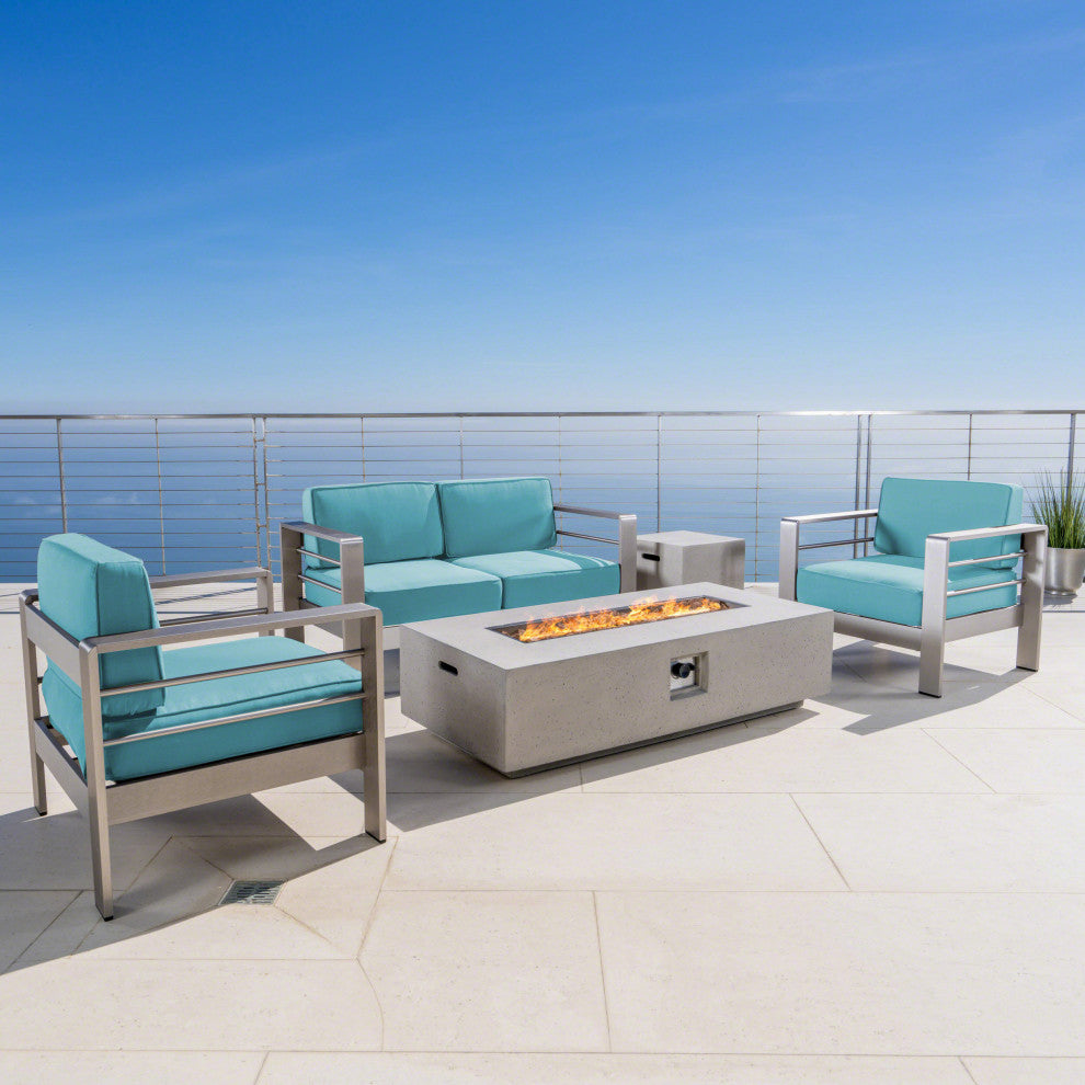 5-Piece Coral Bay Chat Set With Fire Pit, Canvas Aruba Sunbrella/Silver/Light Gray