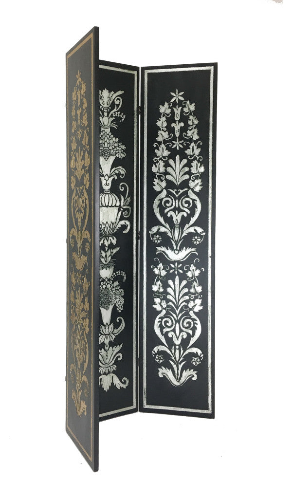 Wooden Double Sided 3 Panel Room Divider with Motifs, Multicolor