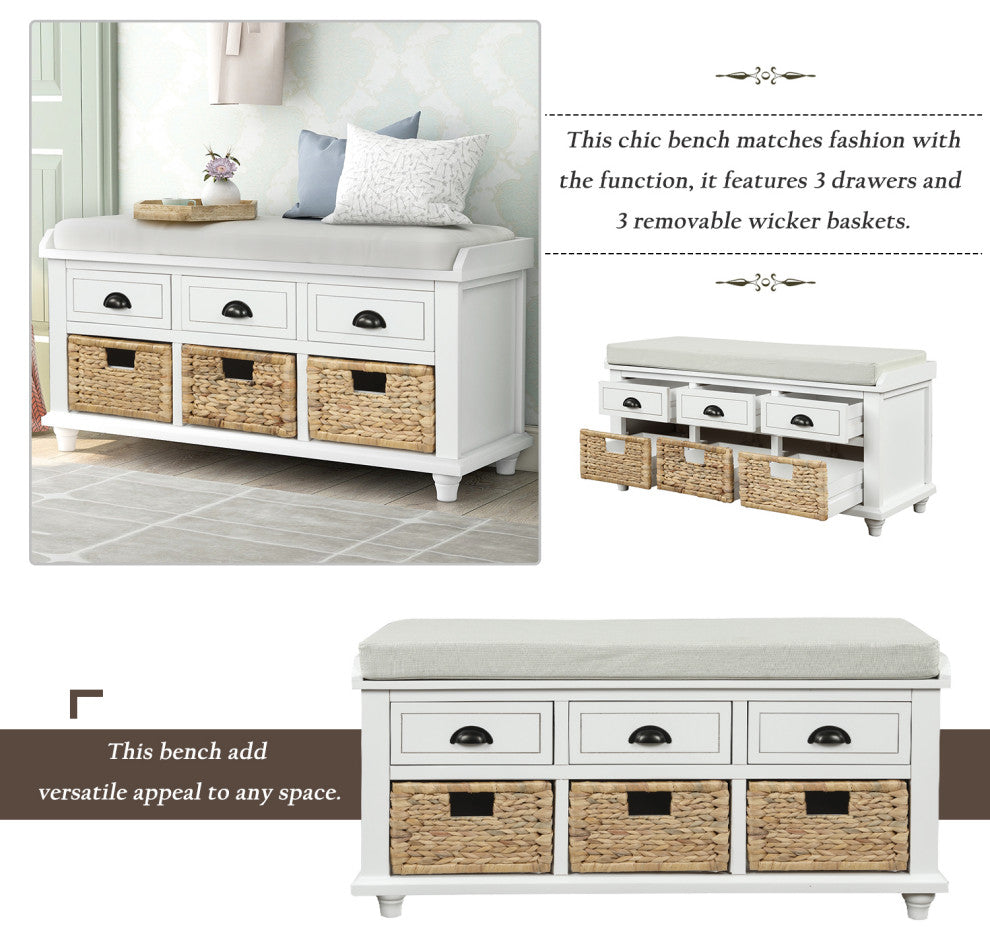 TATEUS 42" Rustic Storage Bench With 3 Drawers and 3 Rattan Baskets, White