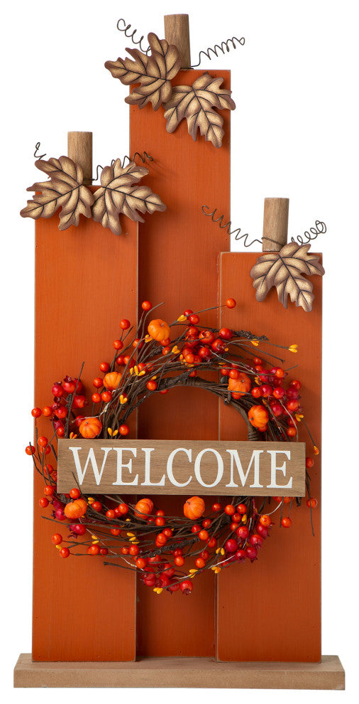 30"H Fall Lighted Wooden Pumpkin Decor WithWreath