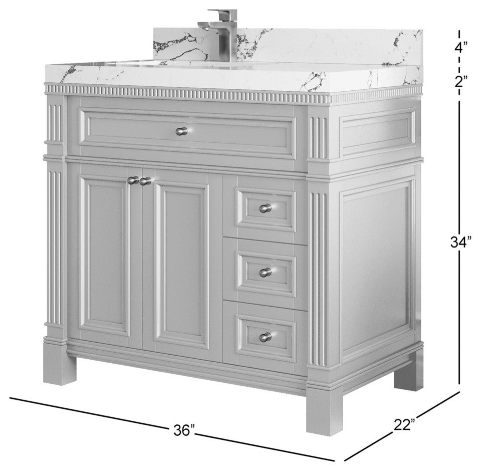 Paris 36" Left Offset Bathroom Vanity, Blue Heather 1.5" White Quartz