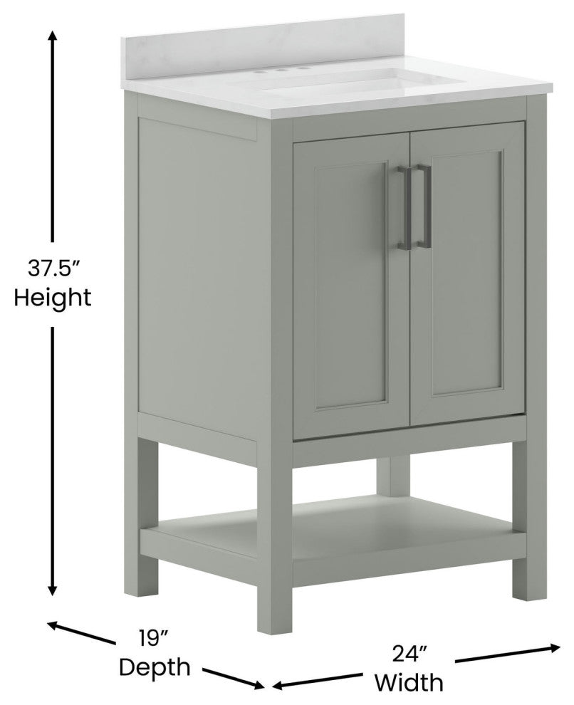 Vega Bathroom Vanity-Sink, Soft Close Doors, Carrara Marble Finish Countertop, Gray, 24 Inch