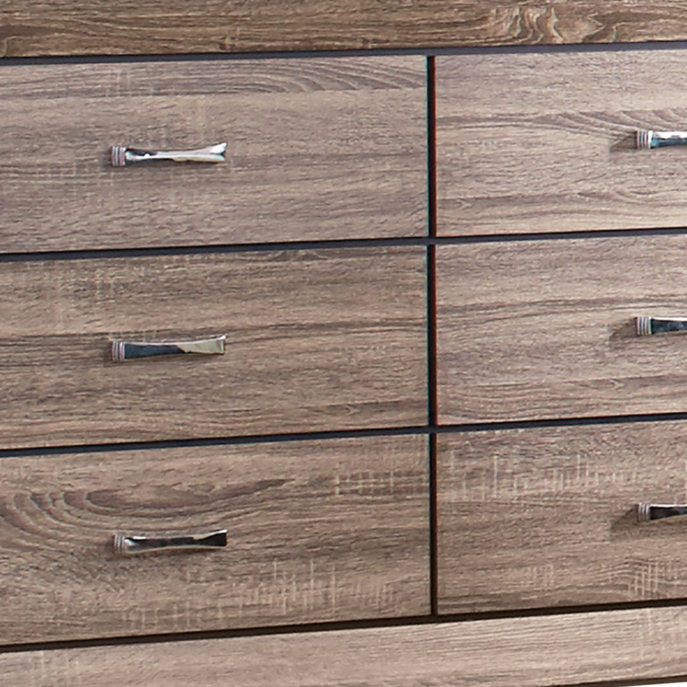 Transitional Style Wooden Dresser with Six Drawers and Metal Handles, Brown
