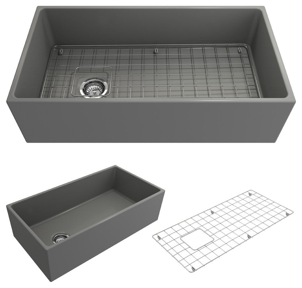Bocchi Contempo 36 Matte Gray Fireclay Farmhouse Sink Single Bowl With Free Grid