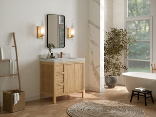Elizabeth 36 Right Offset Bath Vanity in Light Natural Teak 2" Carrara Quartz