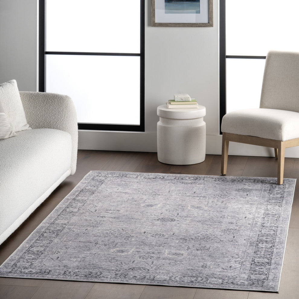 Bayberry Spill Proof Vintage Machine Washable Area Rug, Light Grey 9'x12'