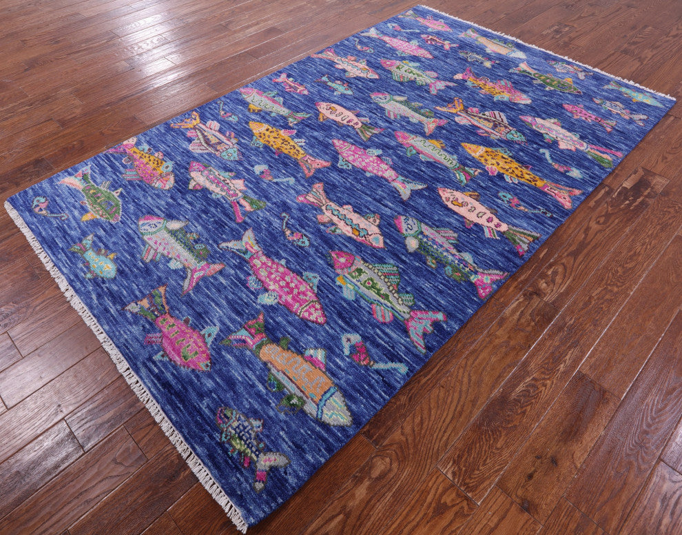 5' 1" X 8' 3" Hand Knotted Gabbeh Fish Design Wool Rug - Q15354