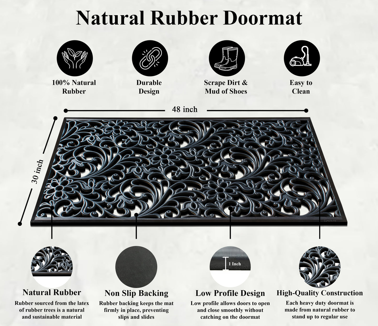 A1HC Floral Large Natural Rubber, Outside entryway Durable Doormat 30"� X 48"
