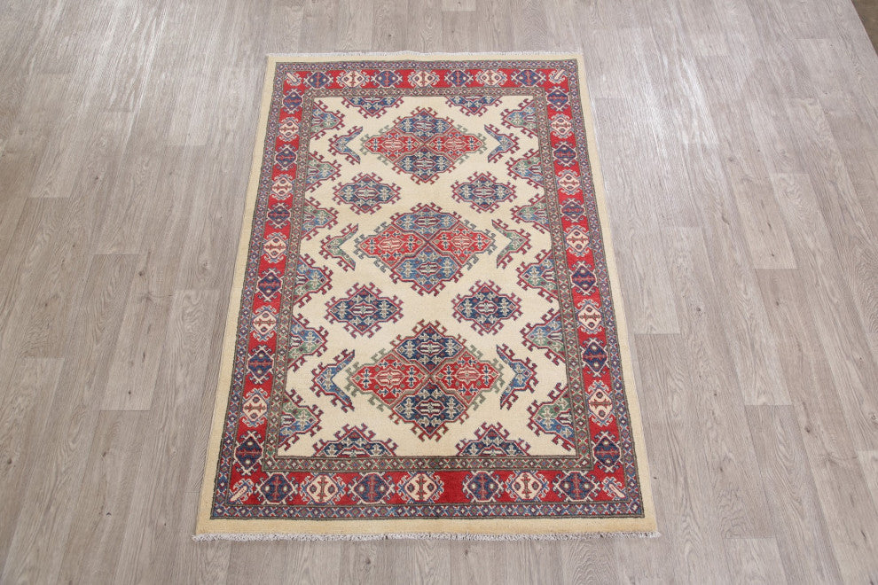 Hand-Knotted Kazak Oriental Traditional Pakistani Area Rug, Beige, 5'11"x4'0
